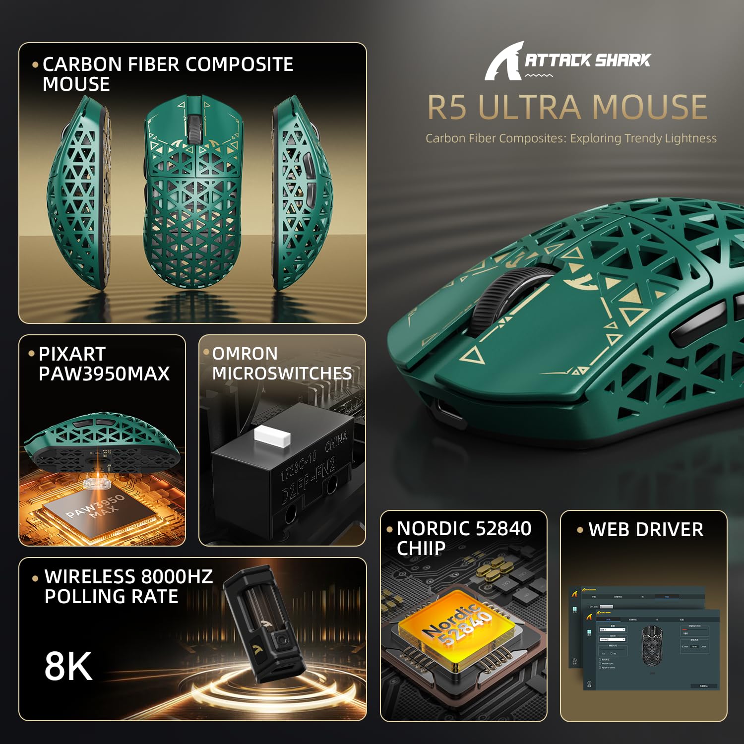 attack shark r5 ultra 8Kレシーバー Mouse de gaming wireless ATTACK SHARK R5Ultra 8K din fibra de