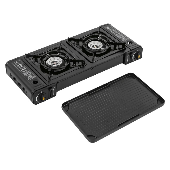 Kemping gázfőző, 3924 BTU, piezo gyújtás, komplett szett, 4.5kg