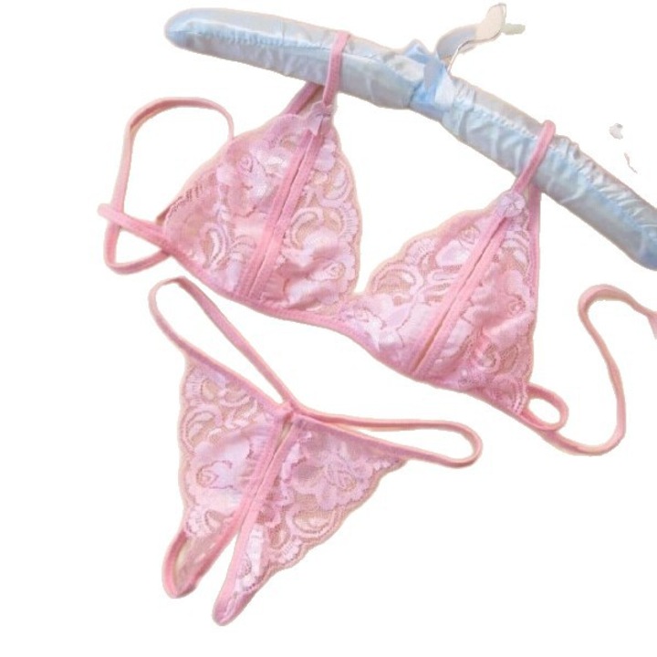 Set sexy, STIMEX, stanic cu dantela si stringuri deschise, roz