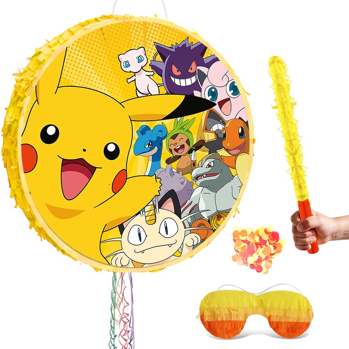4 piese Set Pinata Pikachu pentru Decoratiuni Petrecere Pikachu/Decoratiuni Aniversare Pikachu, InBoxxarty, Accesorii Petrecere Pikachu, multicolor