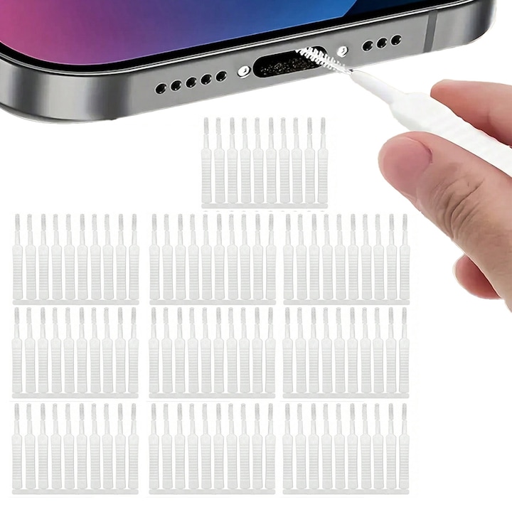Set 100 Perii Mici de Curatare, Instrument Multifunctional pentru Port de Incarcare/Difuzor Telefon, Desfundat Cap de Dus, Curatat Tastatura, Casti, Compatibil cu iPhone, Samsung, Huawei si alte Spatii Inguste, 100 buc