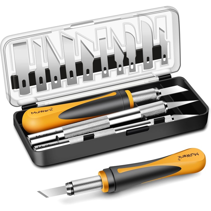 Set MulWark Cutite Exacto, Kit Cutite de Craft, Set Hobby de Precizie 16 piese cu lame extrem de ascutite pentru lemn, artizanat, piele, scrapbooking si modelare