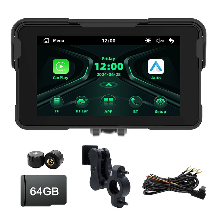 WALALLA Motoros Navigációs Rendszer, 5" Képernyő, Vezeték nélküli CarPlay és Android Auto kapcsolattal, IP67 vízálló, Dual Bluetooth, Képernyőtükrözés, Gumiabroncsnyomás-figyelővel (TPMS), Levehető kivitel, Ideális navigációhoz és szórakozáshoz