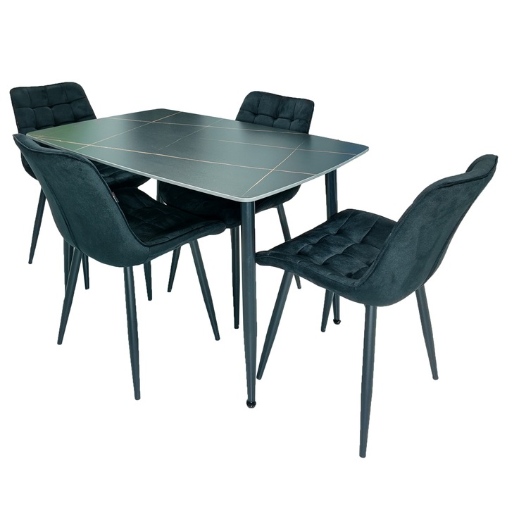 Set masa Viena cu 4 scaune Osaka negre, DENVER, blat ceramica matt laurent black-gold, picioare negre, forma dreptunghiulara, 120x80 cm