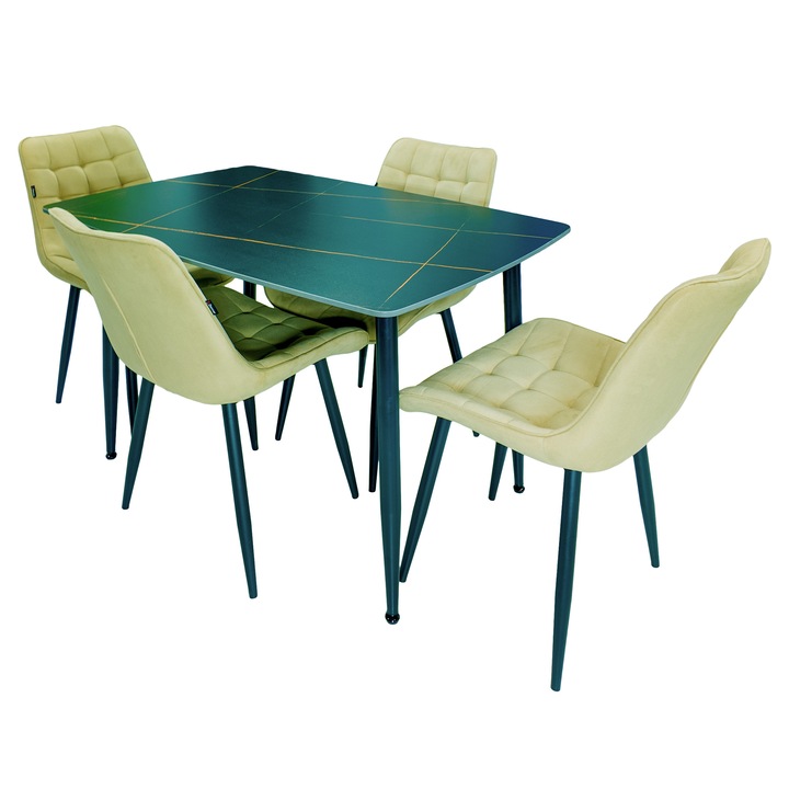 Set masa Viena cu 4 scaune Osaka, DENVER, ceramica matt negru-auriu, picioare negre, 120x80cm