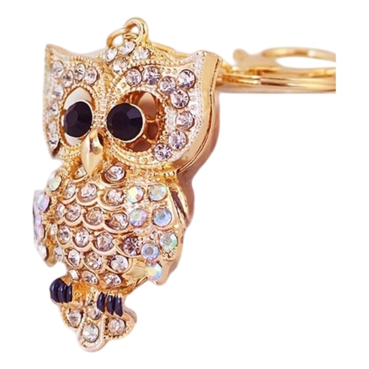 Breloc cu strasuri in forma de Bufnita, dimensiuni 12, 5 x 4 cm, culoarea alb, theCasius.®