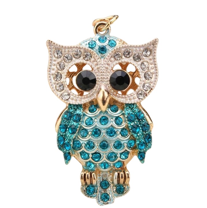 Breloc cu strasuri in forma de Bufnita, dimensiuni 12, 5 x 4 cm, culoarea albastru, theCasius.®