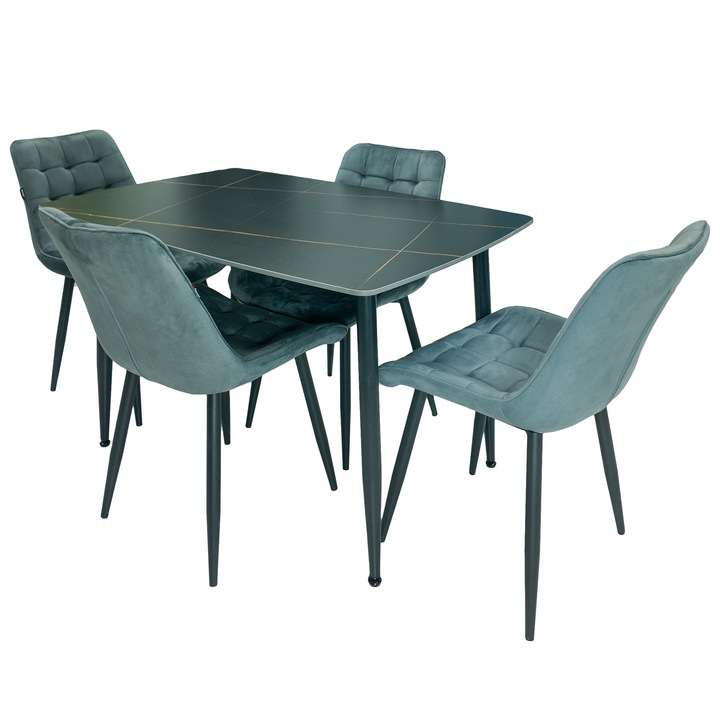 Set Masa Viena cu 4 Scaune Osaka, DENVER, Ceramica Matt Laurent Black-Gold, Picioare Negre, 120x80cm