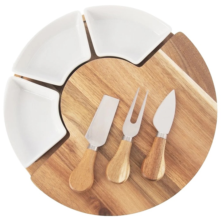 Tavita pentru branzeturi, set cu cutite si boluri, design compact, lemn de acacia, maro