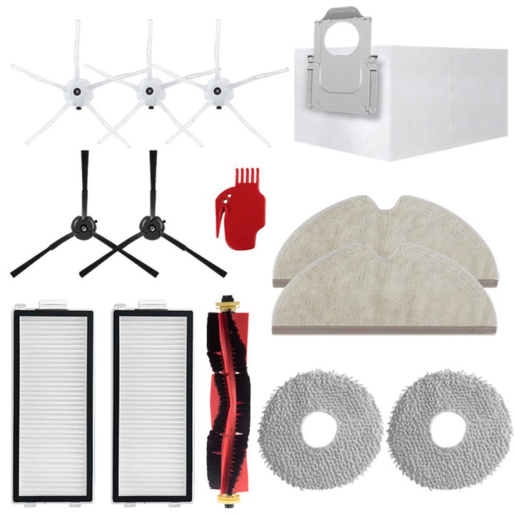 Set 14 accesorii compatibile cu Xiaomi Roborock S50、S51、S55、T4，1 perie tambur, 5 perii laterale cu surub, 2 filtre Hepa, 2 mop de microfibra, 2 lavete, 1 accesorii curatare, 1 saci colectori praf