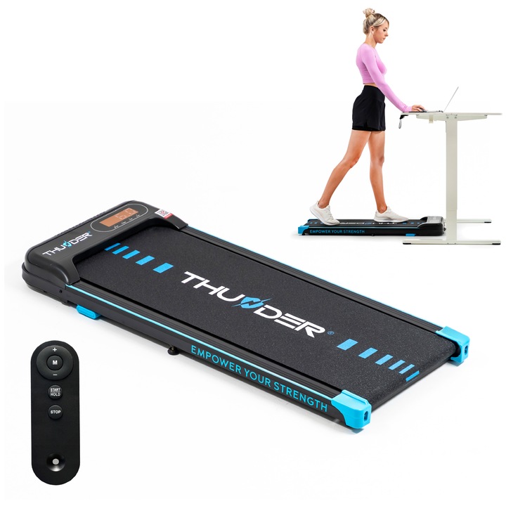 Banda de alergare electrica, Thunder, KINDI-BLACK, 1,25 CP, Bluetooth, Fitshow/Kinomap/Zwift, viteza maxima 6km/h, maxima suportata 90kg, roti transport, cheie siguranta, Negru