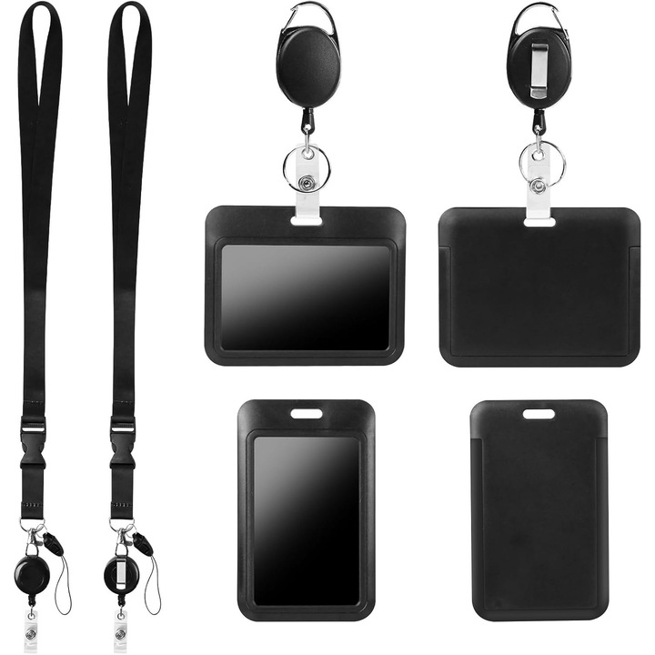 Set 4 suporturi pentru ecusoane, PsAyl®, cu 2 role retractabile rotunde si ovale & snururi, durabil, ABS, Negru