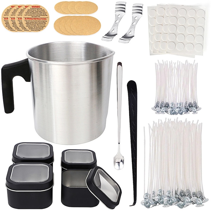 Set Complet pentru Confectionat Lumanari, Buyya®, 1200ml, Include Oala Topit Ceara, Fitile de Bumbac, Borcane si Accesorii, Ideal pentru Incepatori, Negru