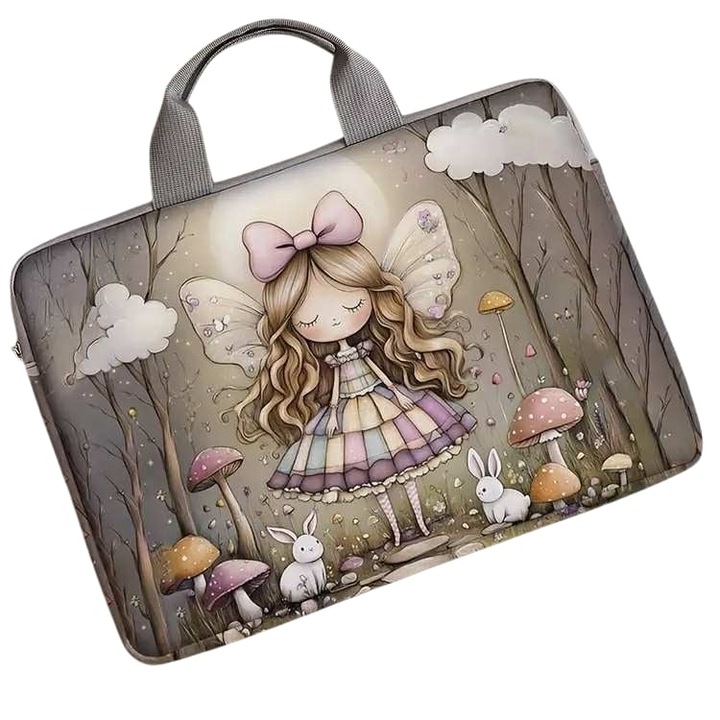 Laptoptáska, laptopvédő huzat, tok, cipzáros, könnyed, egyszerű, iskolába is gyerekeknek, fiataloknak, hölgyeknek munkába, hercegnő, gomba motívum, pasztell színek, 26x38 cm, 10,26x14,6 inch #380