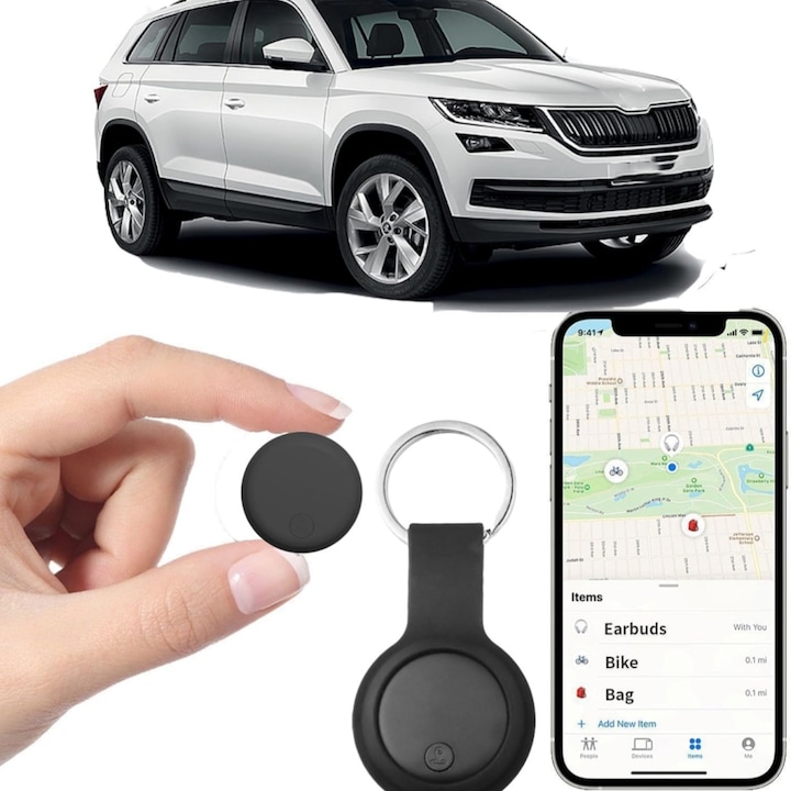 Устройство против загуба, Aottom®, съвместимо с iPhone, с GPS тракер, глобално покритие, Bluetooth, приложение FindMy, ключове, багаж, с включена батерия, включена силиконова поддръжка, черно