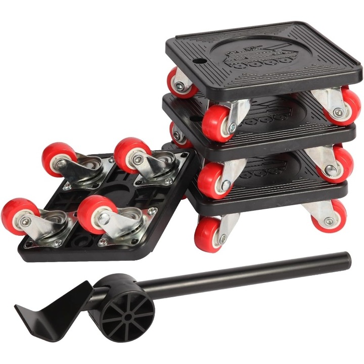 Set 4 Role Premium pentru Mutat Mobilier Greu, KuviKoo™ cu Rulmenti Bile si Roite Cauciuc Silentioase, Capabilitate 500kg, Protectie Suprafate, pentru Parchet/Marmura/Beton