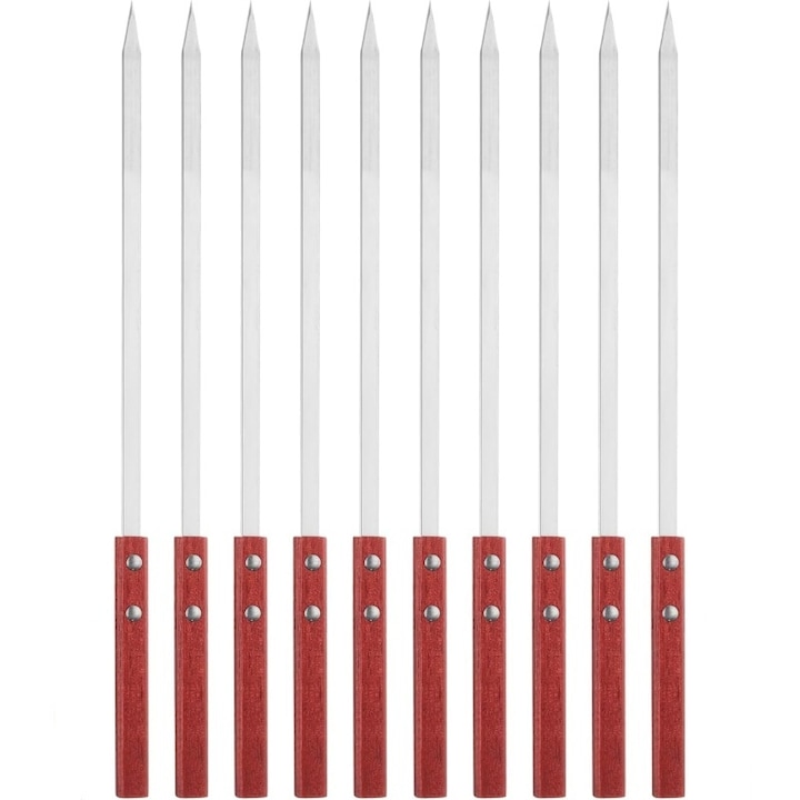 Készlet 10 grillnyárs, extra hosszú és vastag, KuviKoo™ 304 rozsdamentes acél élelmiszer minőségű, fa fogantyúval, újrafelhasználható, rozsdaálló, könnyen tisztítható, ideális húshoz, halhoz és zöldségekhez