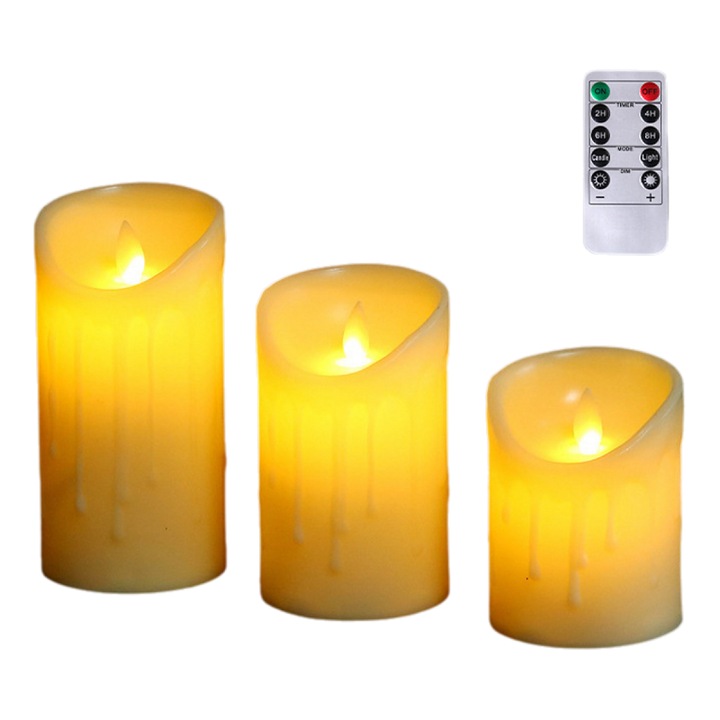 Set lumanari LED decorative AilBowy cu flacara realista, KuviKoo™ telecomanda, functie automata 24h, stingere/aprindere, plastic ecologic, sigur pentru copii si animale, ideal pentru Halloween, Ziua Indragostitilor si ambient romantic