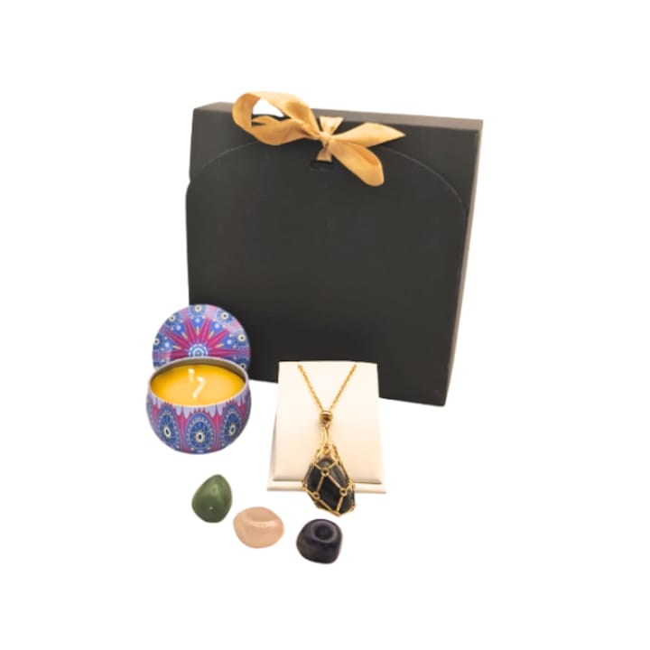 Set cadou spiritual premium pentru femei cu colier pentru cristale naturale (cuart roz, ametist, aventurin, obsidian) si lumanare din ceara naturala, cutie eleganta