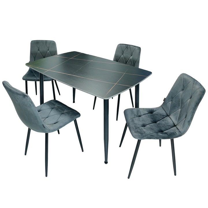Set masa Viena cu 4 scaune Kobe Gri, DENVER, blat ceramica matt laurent black-gold, picioare negre, forma dreptunghiulara, 120x80 cm