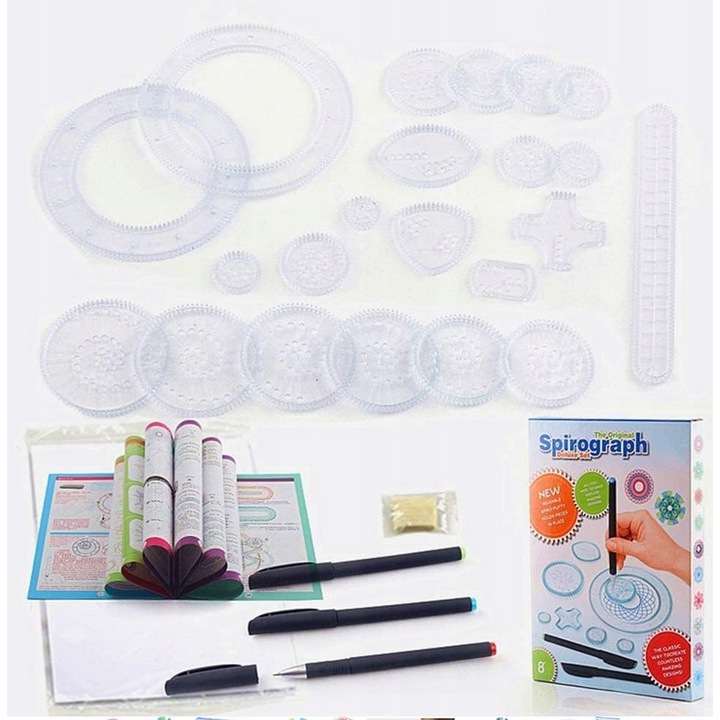 Set Spirograf Deluxe, R2 Invest, 22 sabloane, 3 markere, multicolor