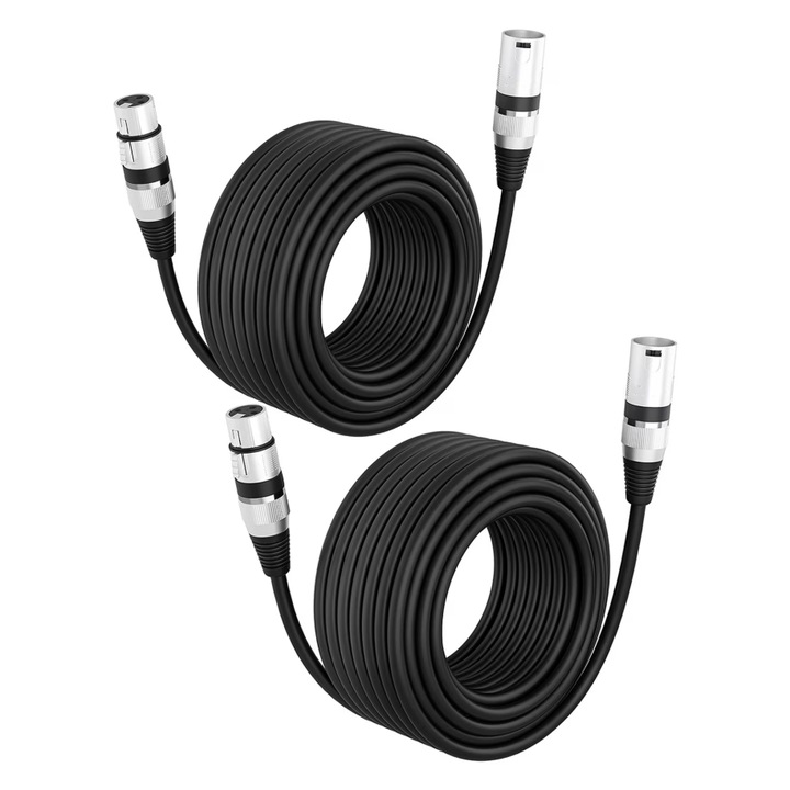 Set 2 cablu audio stereo XLR 2m, Conectori Mama-Tata, Usor de instalat, Pentru cabluri de microfon wireless, Mixer audio, Power amplifer, Miez de cupru anaerob de inalta - puritate, Negru/Argintiu