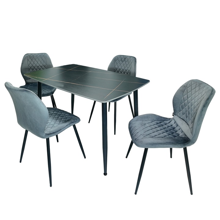 Set masa Viena cu 4 scaune Goteborg gri, DENVER, ceramica matt negru/auriu, picioare negre, 120x80cm