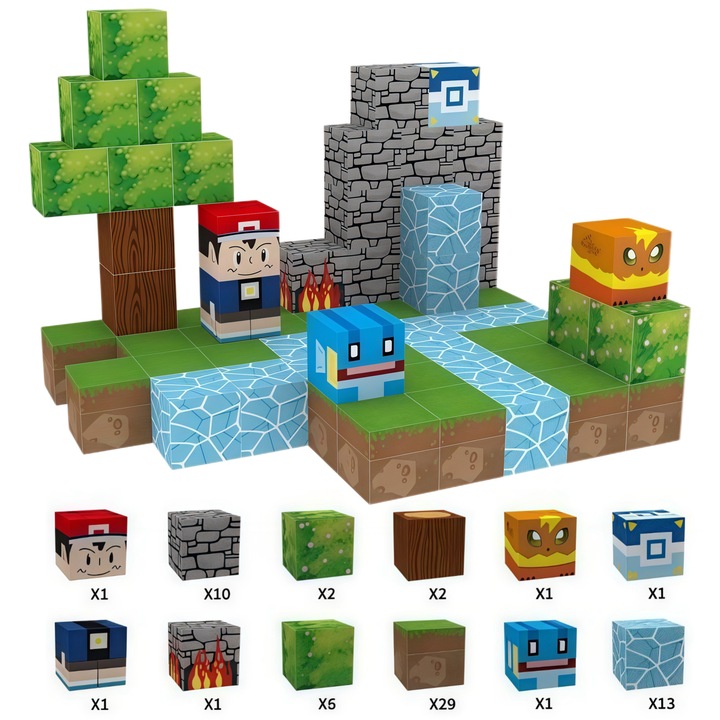 Магнитни строителни блокове Minecraft 68 части, Cootway, модели Pokemon, креативни Монтесори играчки, ABS, 3+ години, 1 x 1 инч, многоцветни
