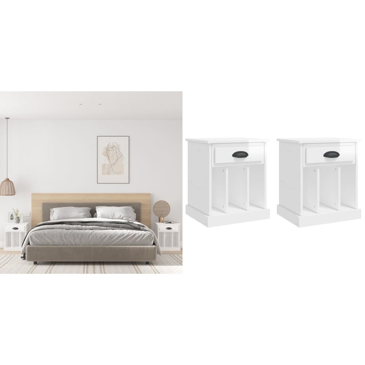 Noptiere, 2 buc., alb extralucios, 43x36x50 cm