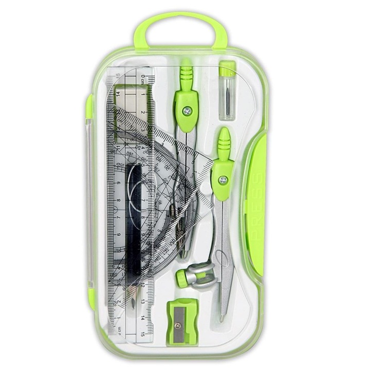 Set geometric Penmate, 2 compasuri, accesorii, etui verde, multicolor