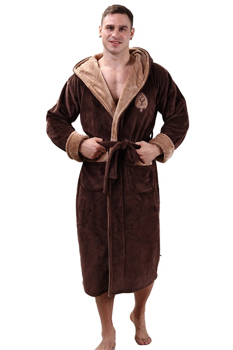 Halat barbati, Wild Love, model Titan, 100% bambus catifelat, lung, cu gluga si buzunare, maro, 2XL