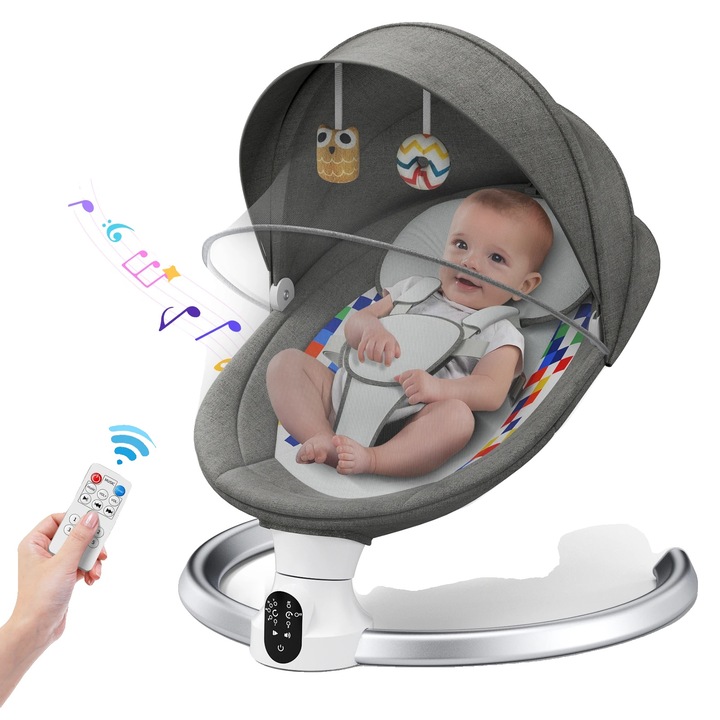 Balansoar electric pentru bebelusi, optiuni de control multiple, unghiuri ajustabile, gri inchis, capacitate 10 kg