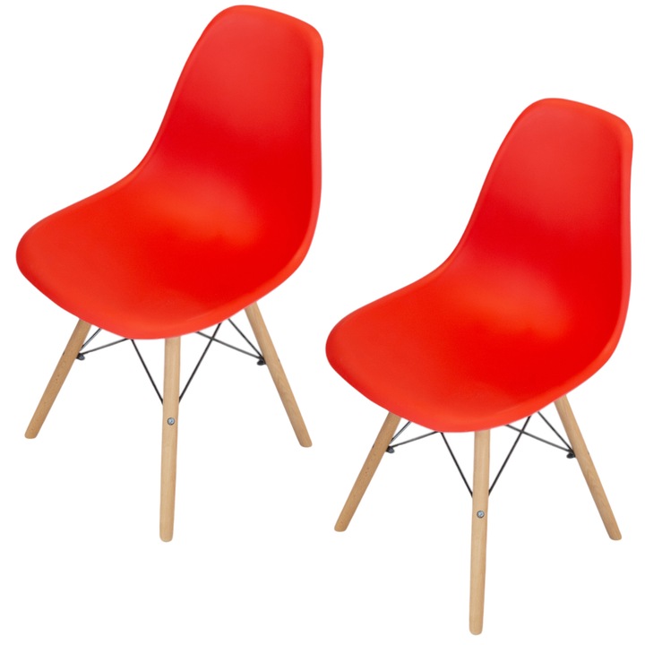 Set 2 scaune DENVER Malmo rosu, model scandinav, sezut tip scoica, picioare lemn, 46x54x80 cm