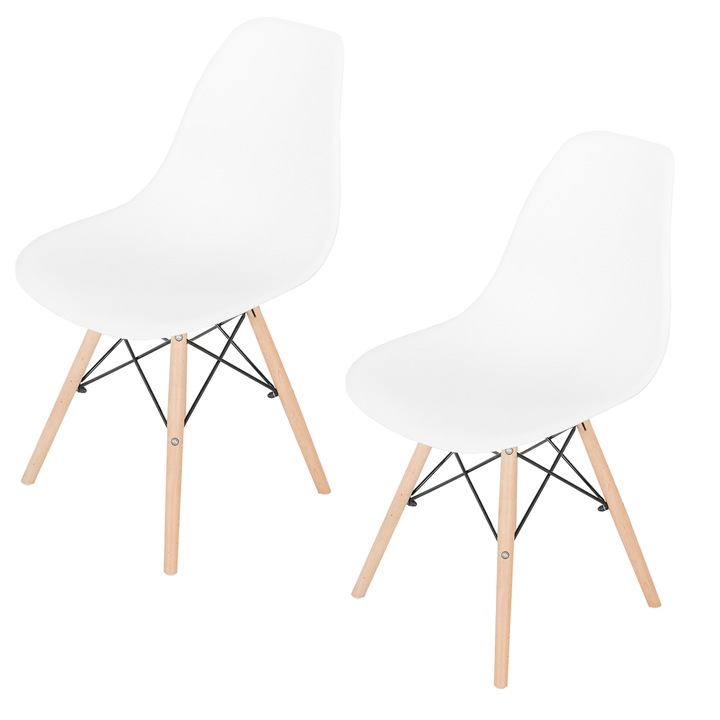 Set 2 scaune DENVER Malmo alb, model scandinav, sezut tip scoica, picioare lemn, 46x54x80 cm