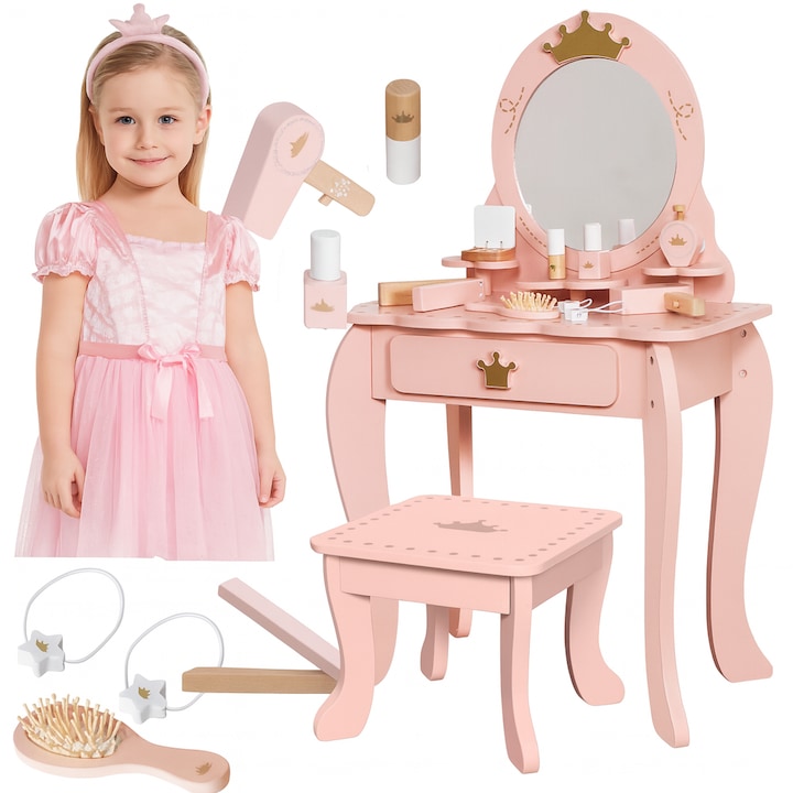 Масичка за гримиране за момиченца, BellePrincesse, KinderVibe™, от Екологично Дърво, със Столче, Огледало и Чекмедже, Аксесоари, Закръглени Ръбове, 93 СМ Височина, Златна Роза