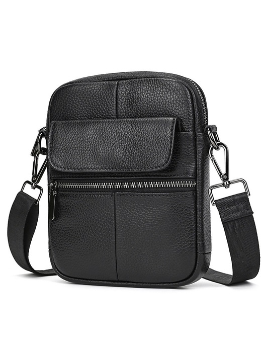 Férfi táska, BOMSTOM, valódi bőr, 6 rekesz, fekete, 21x17x4 cm