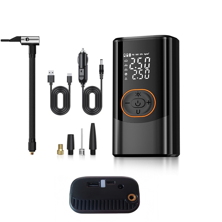 Pompa Aer Auto Electrica ， Motor Tip I din Sarma de Cupru Pur - Puternic, Durabil, Ecran Digital, Lanterna LED，Oprire Automata， Reincarcare USB-C sau la Bricheta，6000mAh,150PSI（10.3bar）, Negru