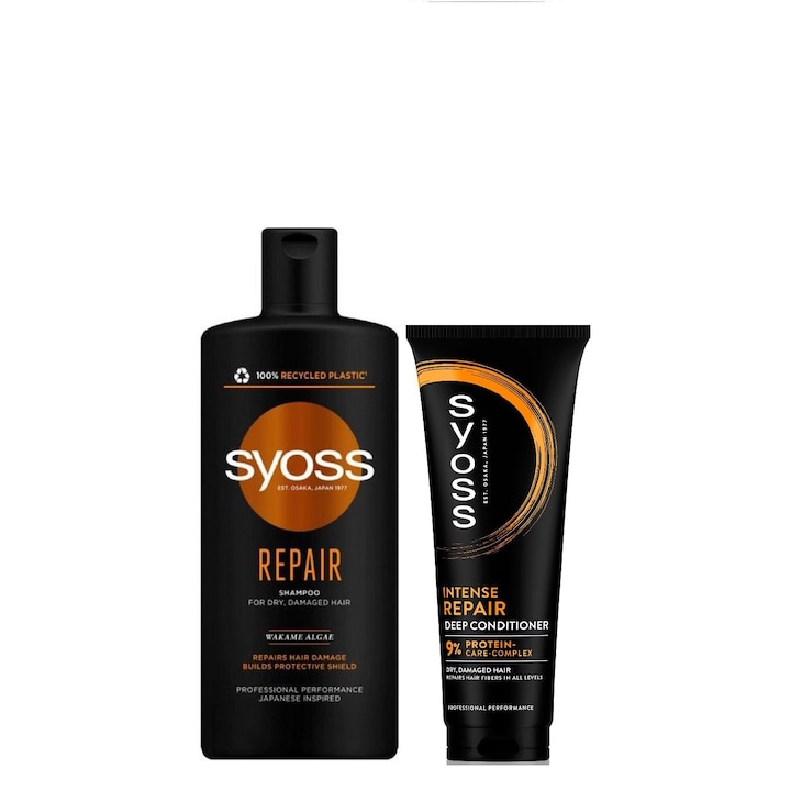 Set Syoss Repair, Sampon pentru par uscat si deteriorat 440 ml, Balsam intensiv repair pentru par deteriorat, 250 ml