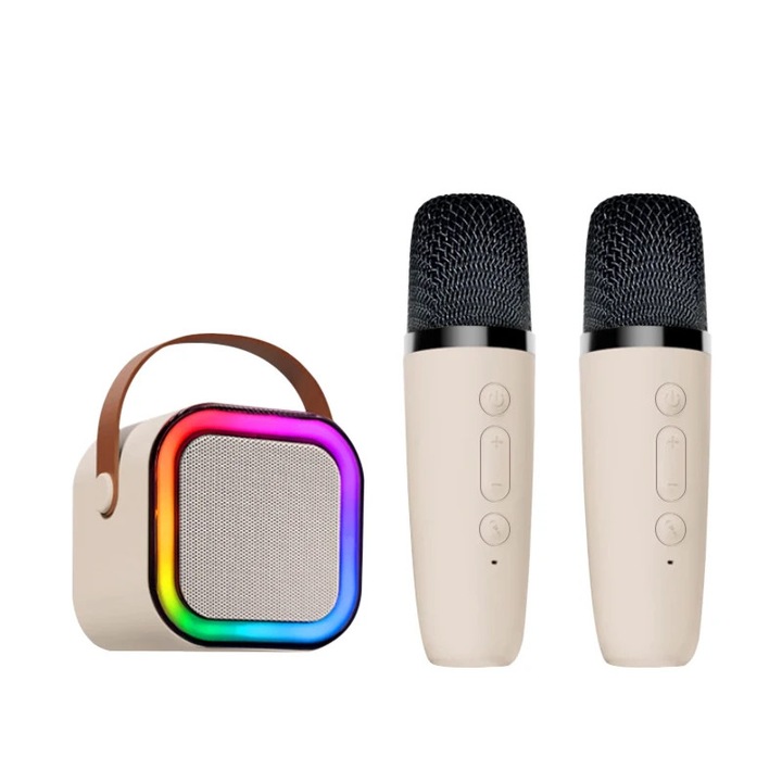 Set Karaoke Portabil, 2 Microfoane Wireless, Boxa Bluetooth cu Iluminare RGB, Roz Pastel
