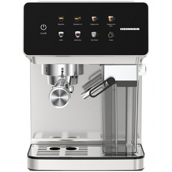 Espressor digital cu rezervor lapte Heinner CreamyBlend HEM-LK20DMLK, 1350W, 20 bar, capacitate rezervor apa detasabil 1.6L, rezervor lapte detasabil 0.5L, panoul digital si control tactil, Inox
