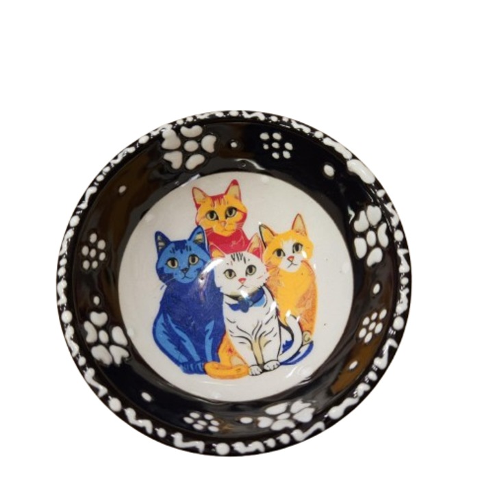 Bol cu ​​nuci, Pisicute, Ceramica, Pictat manual, Negru, 8cm/diametru