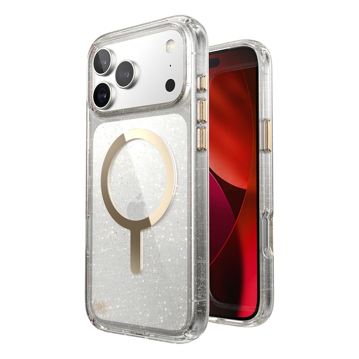 Защитен калъф Speck - Presidio LUX GLITTER GOLD, За iPhone 17 Pro Max, MagSafe, Устойчив при изпускане, Прозрачен
