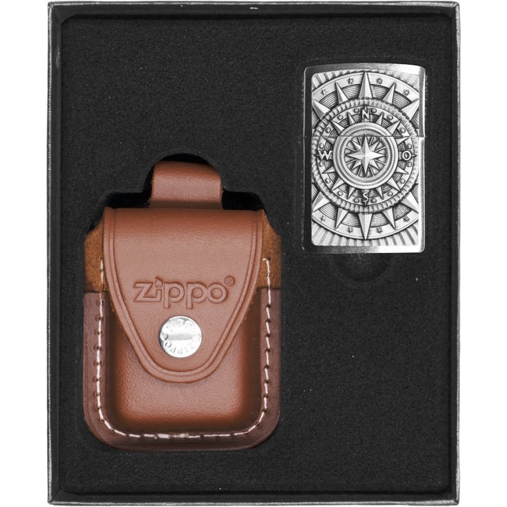 Set Zippo, bricheta originala si etui din piele maro, rezistenta la vant, in cutie de cadou