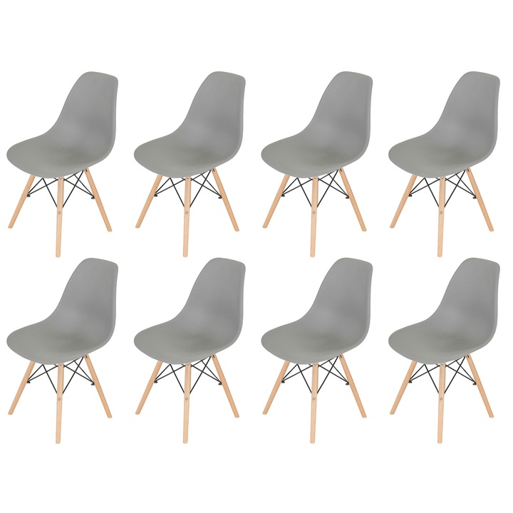 Set 8 scaune DENVER Malmo gri, model scandinav, sezut tip scoica, picioare lemn, 46x54x80 cm