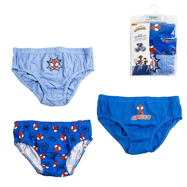 Set 3 perechi chiloti din bumbac Spiderman, Spidey, Albastru, 116-128 cm
