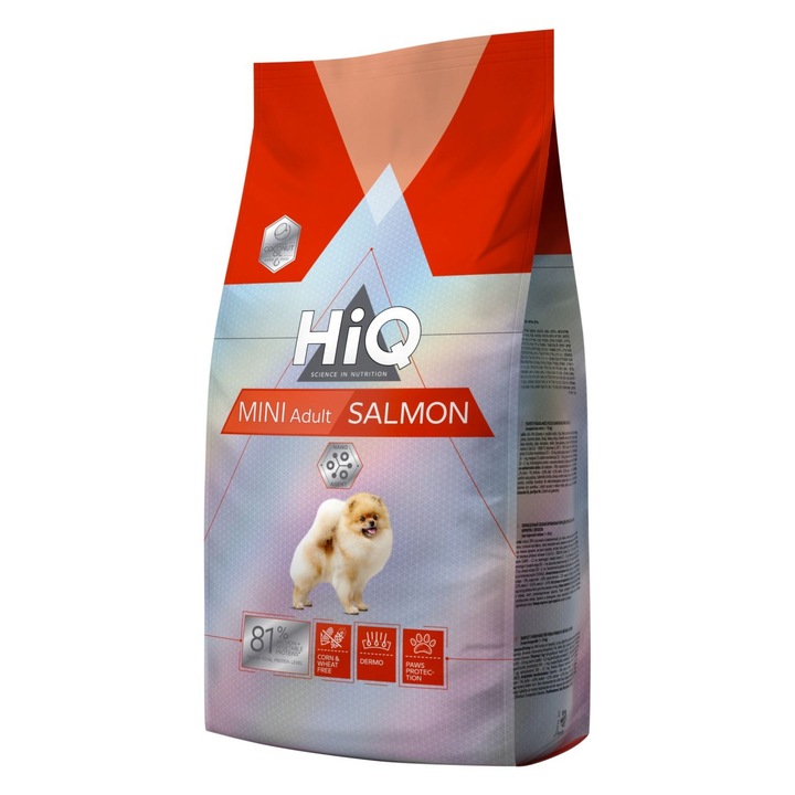 HiQ Mini Adult Salmon 7 kg, lazac alapú száraztáp felnőtt kis testű kutyáknak.