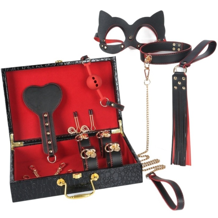 8 darab erotikus szett, fétis és dominancia tevékenységekhez, bilincs, nyakörv, ostor, maszk, elegáns doboz béléssel, luxus, Valentin-nap