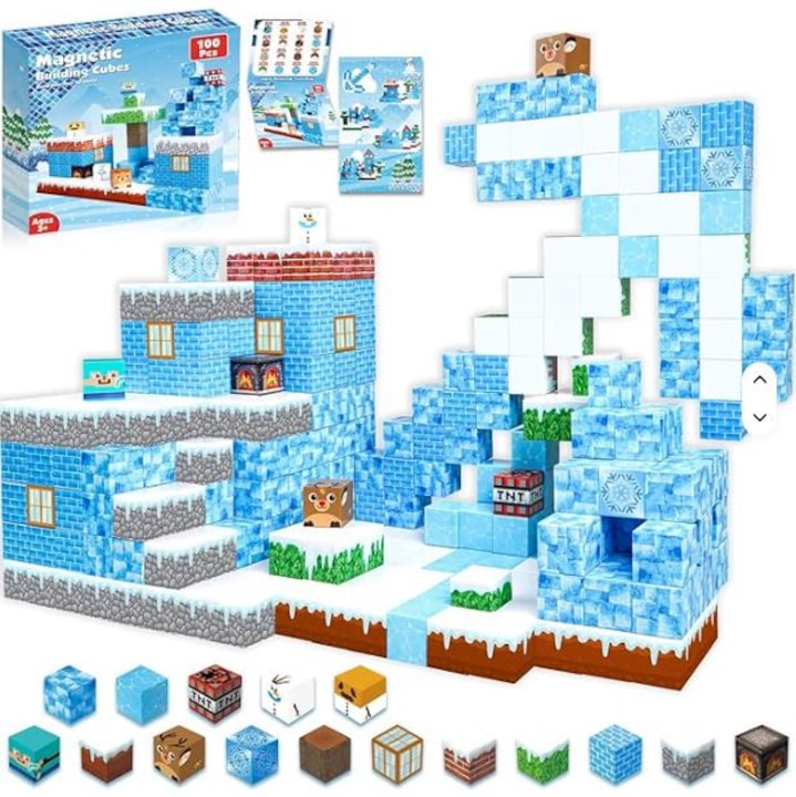 Set 100 Piese Magnetice de Construit Educational si Creativ, Minecraft Blocks ICE and SNOW, Numeroase Posibilitati de Construire, Senzoriale STEM Montessori pentru Copii, Baieti si Fete