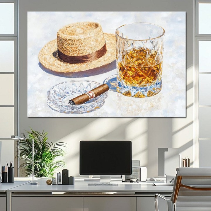 Премиум Канава Картина, LuxCanva® N1032, Уиски и Дим, 40 X 60 СМ, Платно от 100% Памук 400гр/м2, Дървена Рамка, Пура, Чаша, Напитка, Шапка, Уиски, Лукс, Елегантен, Мъжествен, Кубински, Пъб, Бар, Ресторант, Кухня