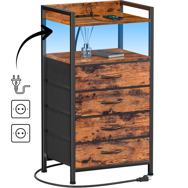 Noptiera cu Lumina KD Home® LumiRest, 4 Sertare, 84 x 40 x 30, Cu 2 Prize, USB si USB Type C, Banda LED RGB si Telecomanda, Cadru Metalic, Maro